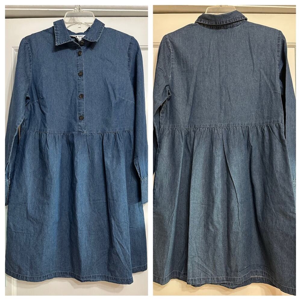 NWT!! Nine West Chambray Denim Shift Dress, Smocked Sleeves, Small - Picture 3 of 15